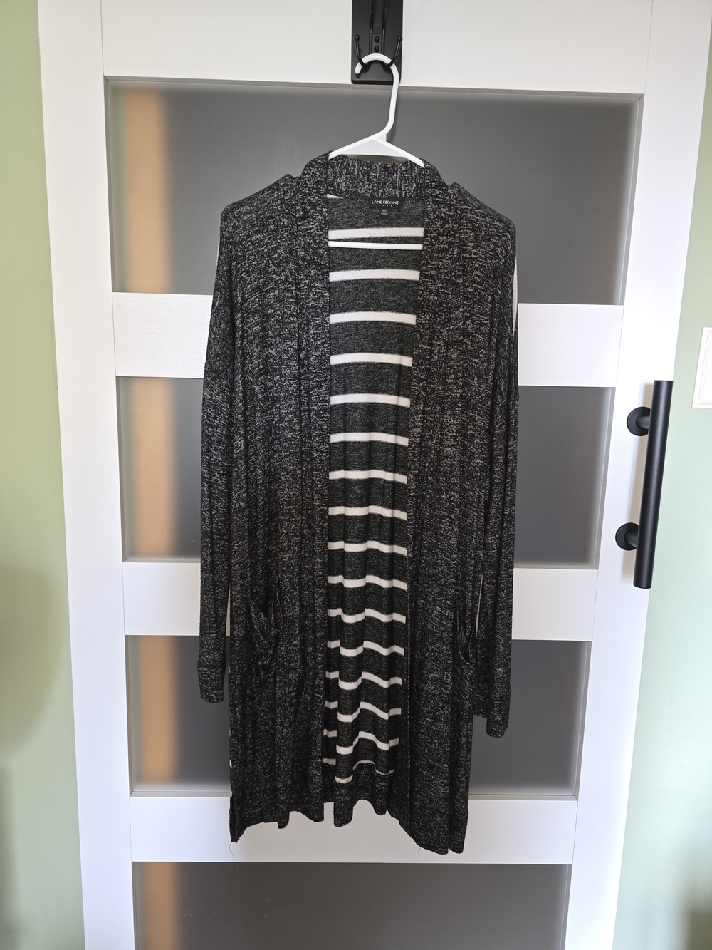 Lane Bryant Black Marled Open Cardigan with Striped Lining